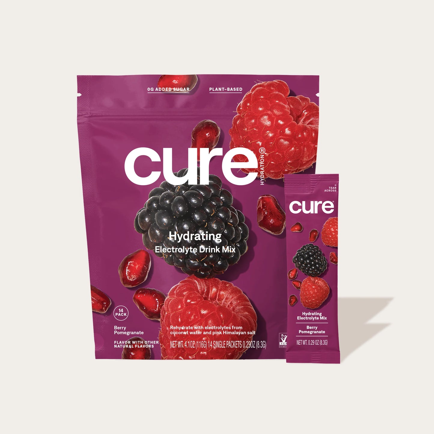 14-pack electrolyte drink powder mix in berry and pomegranate flavour from Cure Hydration.