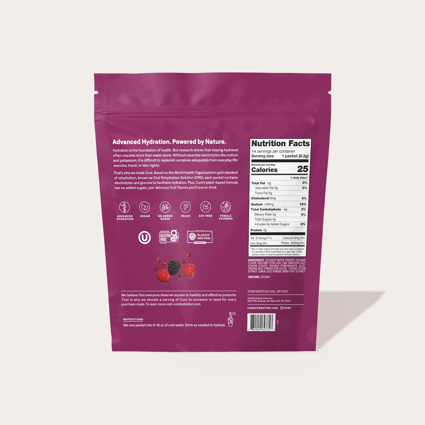 A packet of electrolyte drink mix from Cure Hydration in berry pomegranate flavor and its nutrition facts.