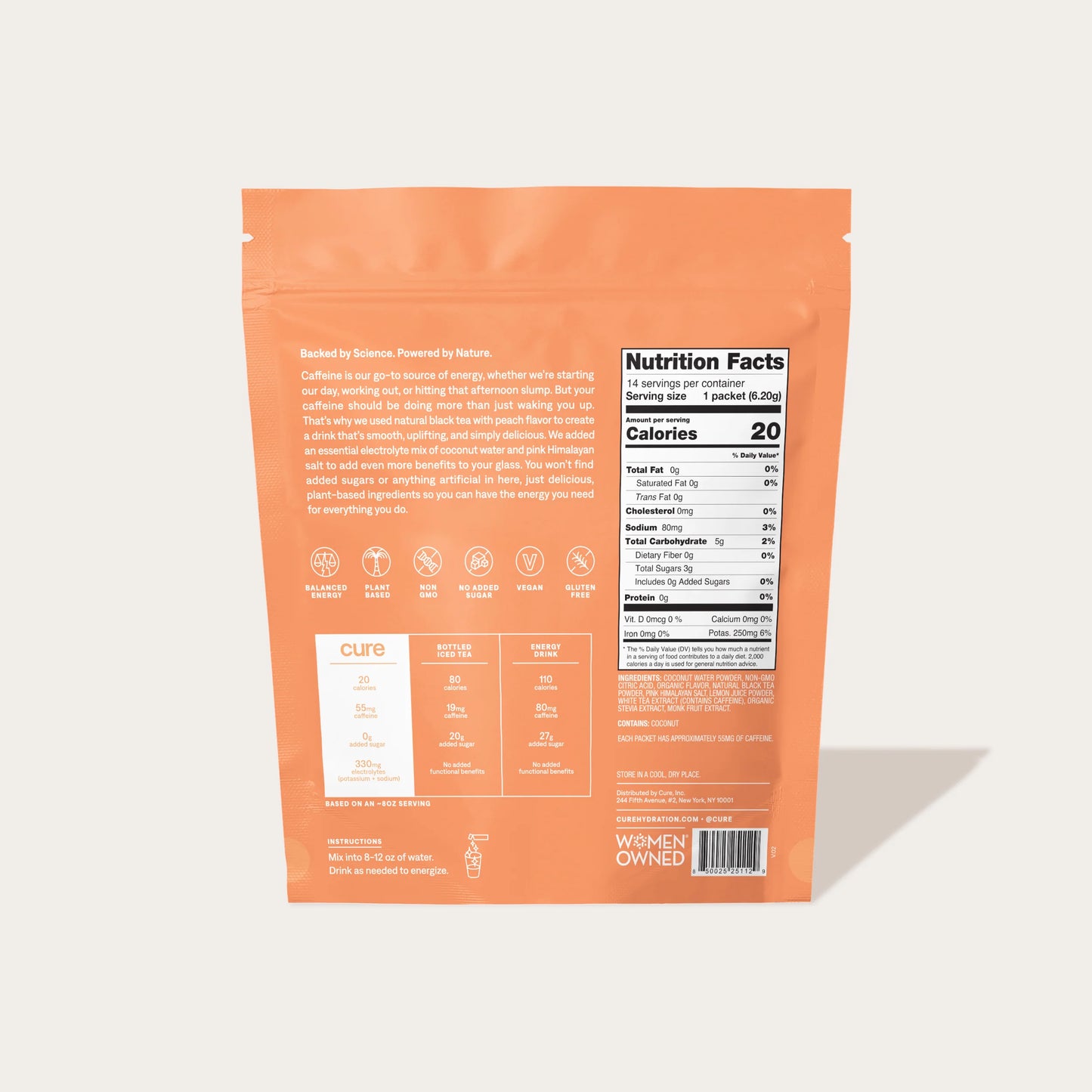 A packet of electrolyte drink mix from Cure Hydration in peach tea flavor and its nutrition facts.
