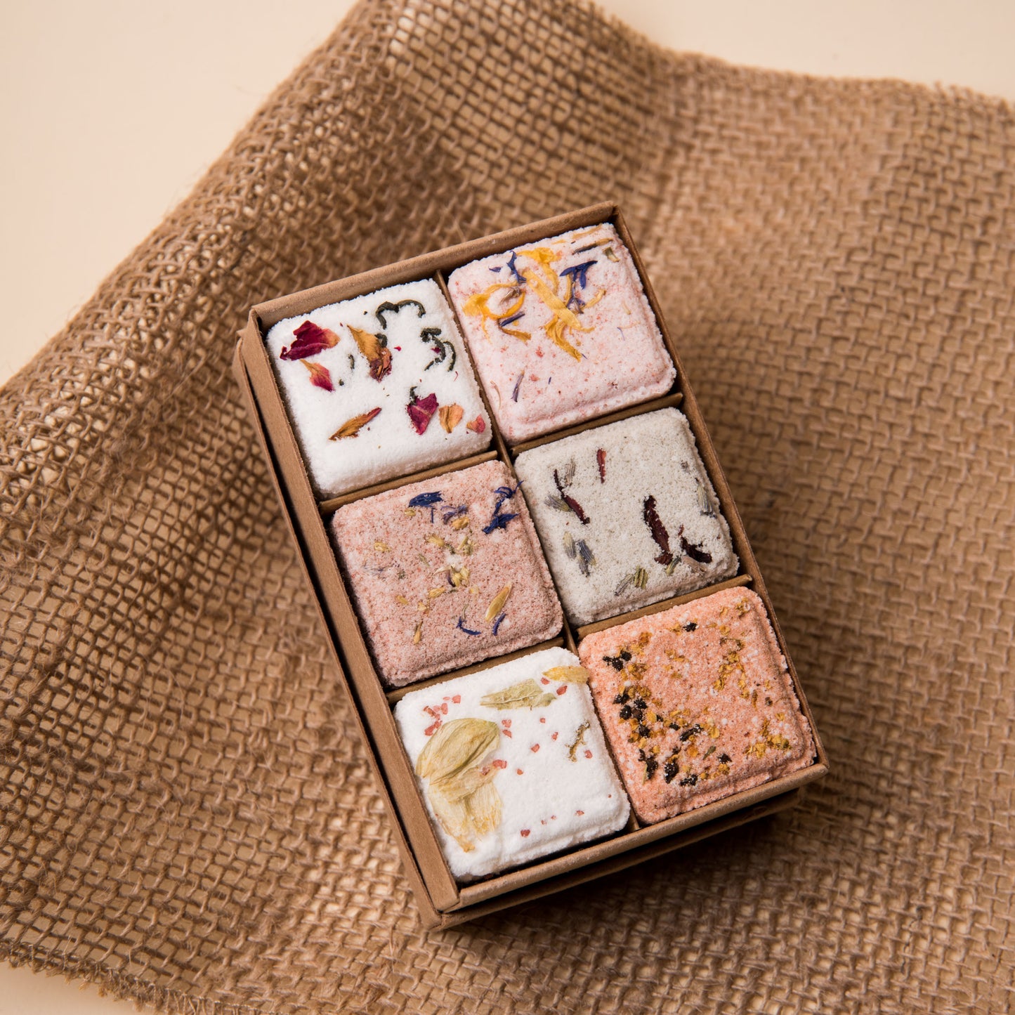 Box of 6 cubes of bath fizzies naturally handmade by Even Keel, topped with dried flowers and colored with natural clay.