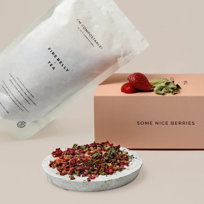 A bag of organic loose herbal tea leaf made with real berries and hibiscus flower.