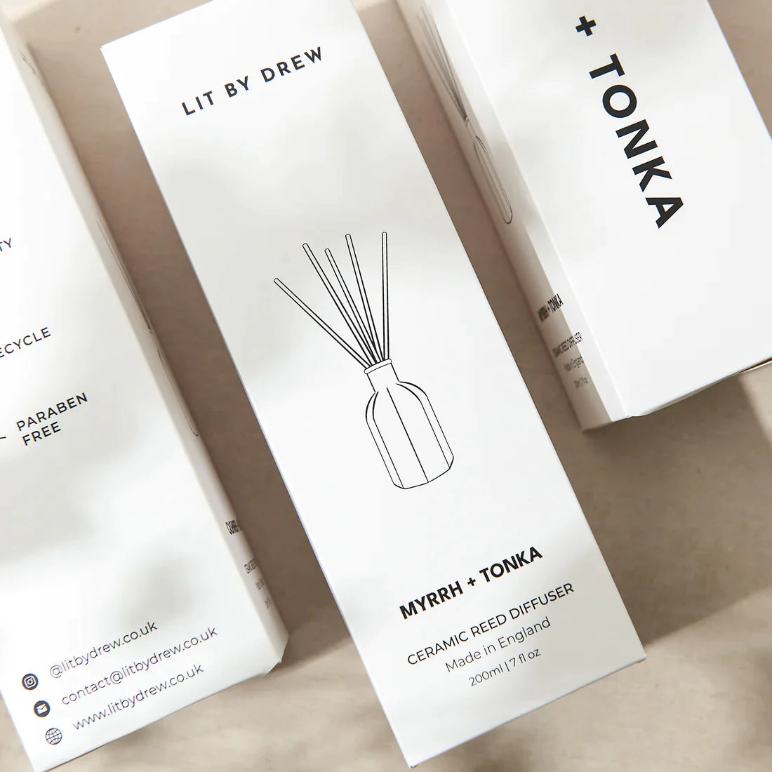 The box of a ceramic reed diffuser by Lit by Drew.