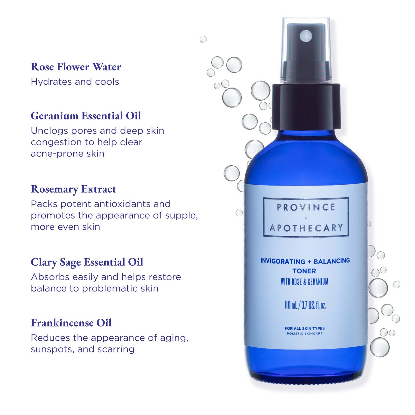A bottle of toner by Province Apothecary showing its ingredients such as rose flower water, geranium essential oil, rosemary extract, clary sage essential oil, frankincense essential oil.