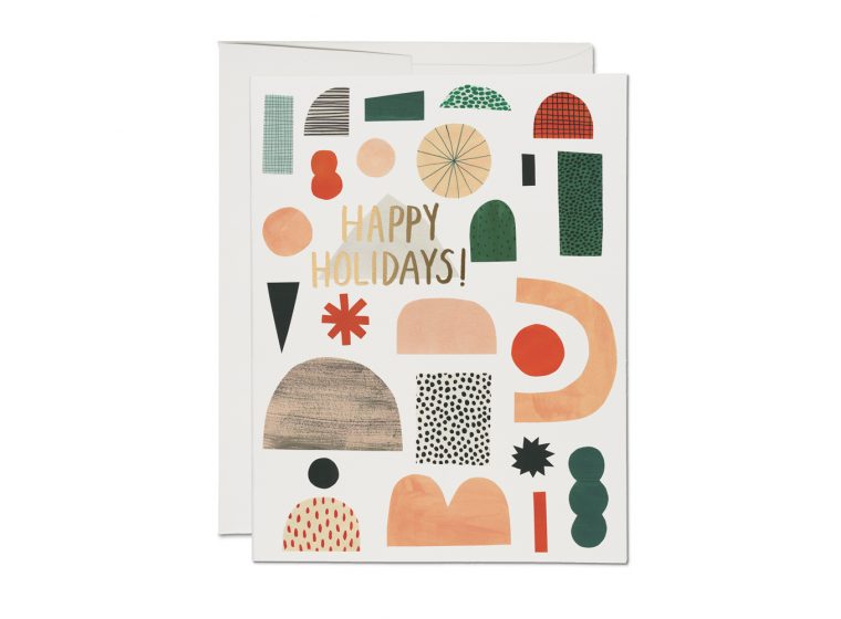 Holiday greeting card from Red Cap Cards, illustrated by Kate Pugsley showing abstract images resonating Christmas and holidays.