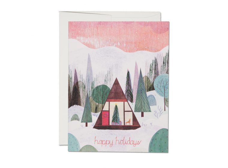 Holiday greeting card illustrated by Josie Portillo., showing a cabin in the mountains.