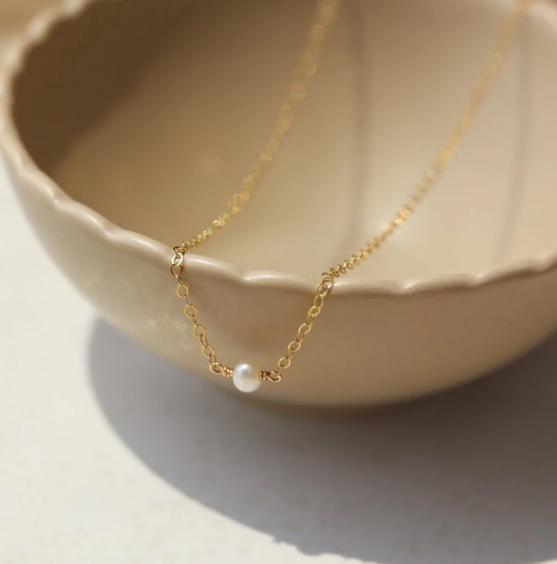 14k gold fill chain with a small pearl, by Token Jewelry.