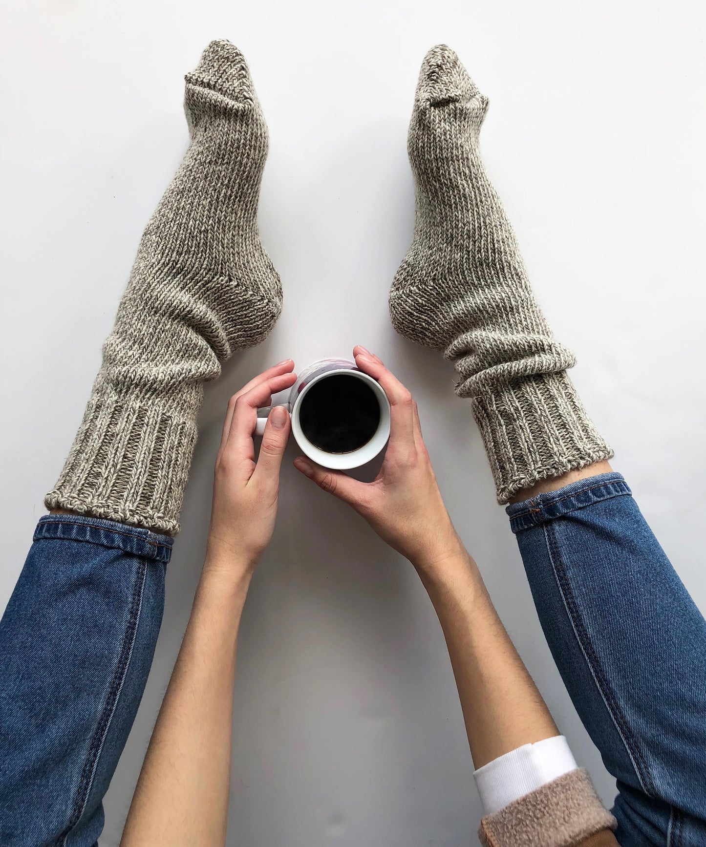 100% wool winter socks on a model, by Okayok socks Canada.