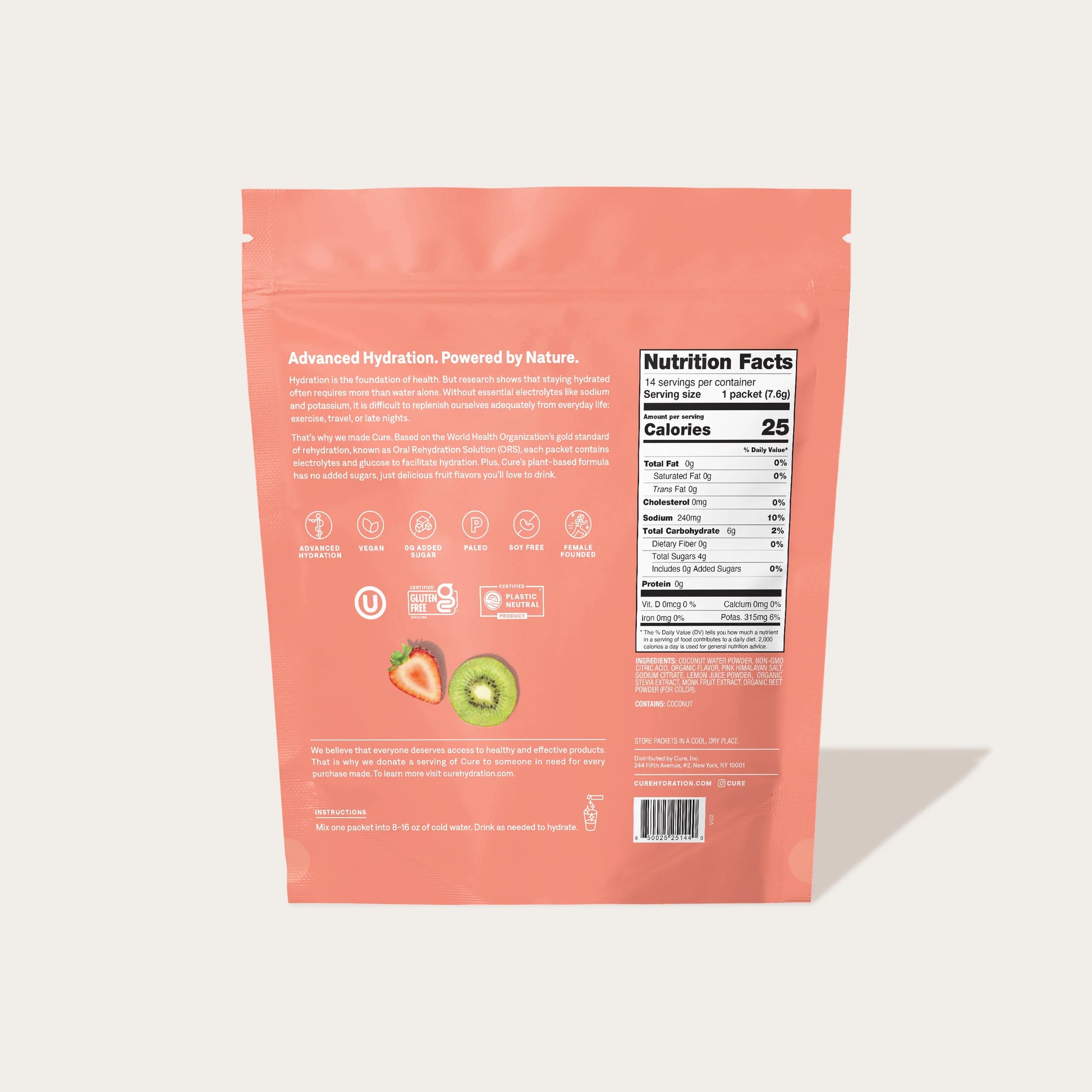 A packet of electrolyte drink mix from Cure Hydration in kiwi strawberry flavor and its nutrition facts.