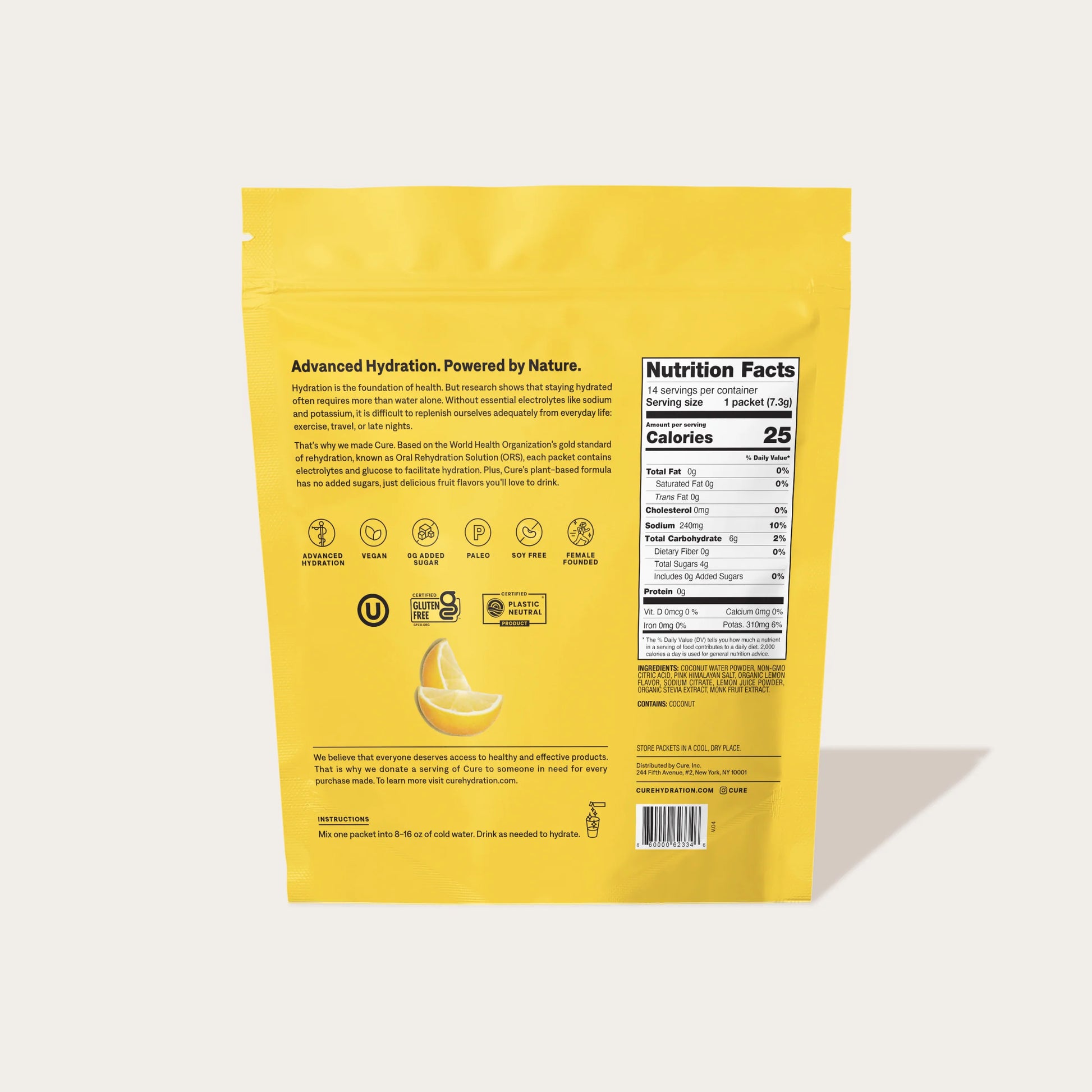 A packet of electrolyte drink mix from Cure Hydration in lemonade flavor and its nutrition facts.