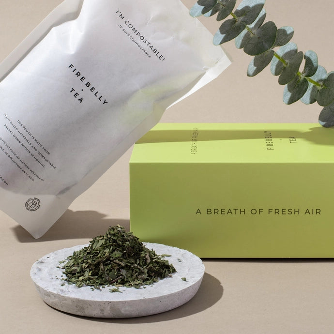 A bag of organic loose herbal tea leaf made with peppermint and eucalyptus.