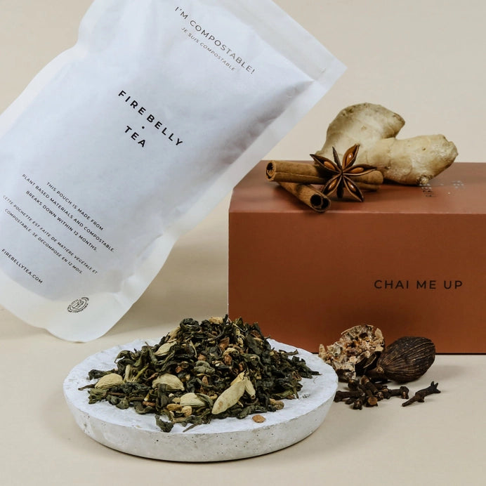 A bag of organic loose green tea leaf made with ginger and cinnamon.