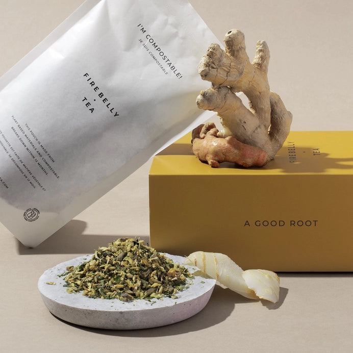 A bag of loose tea made with ginger, turmeric, and galangal.