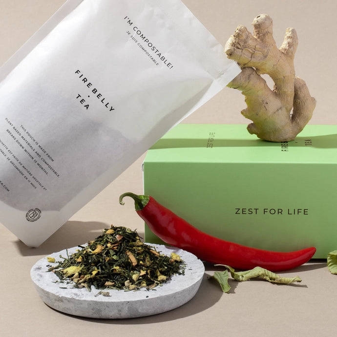 A bag of loose green tea made with ginger, turmeric, lemon and chili.