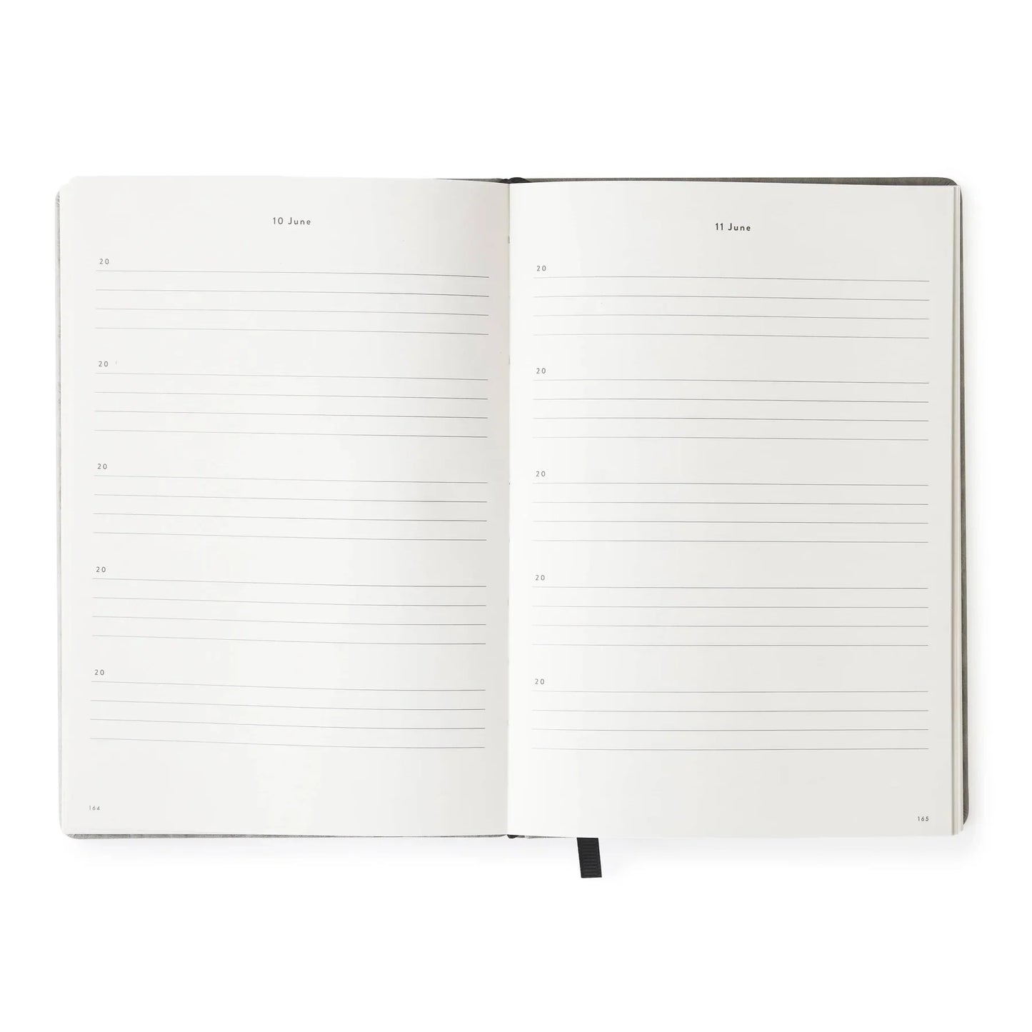 Pages of a journal showing the layout to write one or more lines per day for five years on thoughts and emotions and events in daily life.