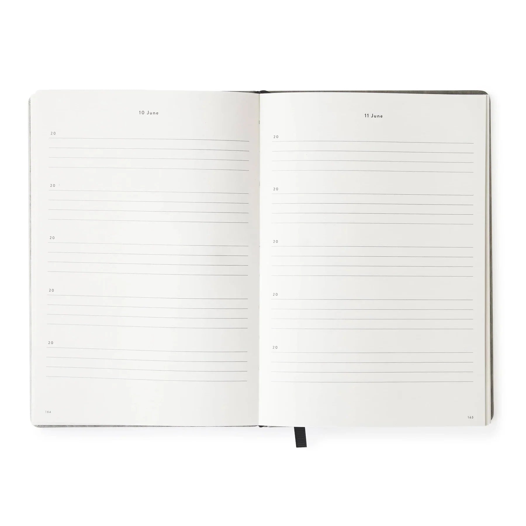 Pages of a journal showing the layout to write one or more lines per day for five years on thoughts and emotions and events in daily life.