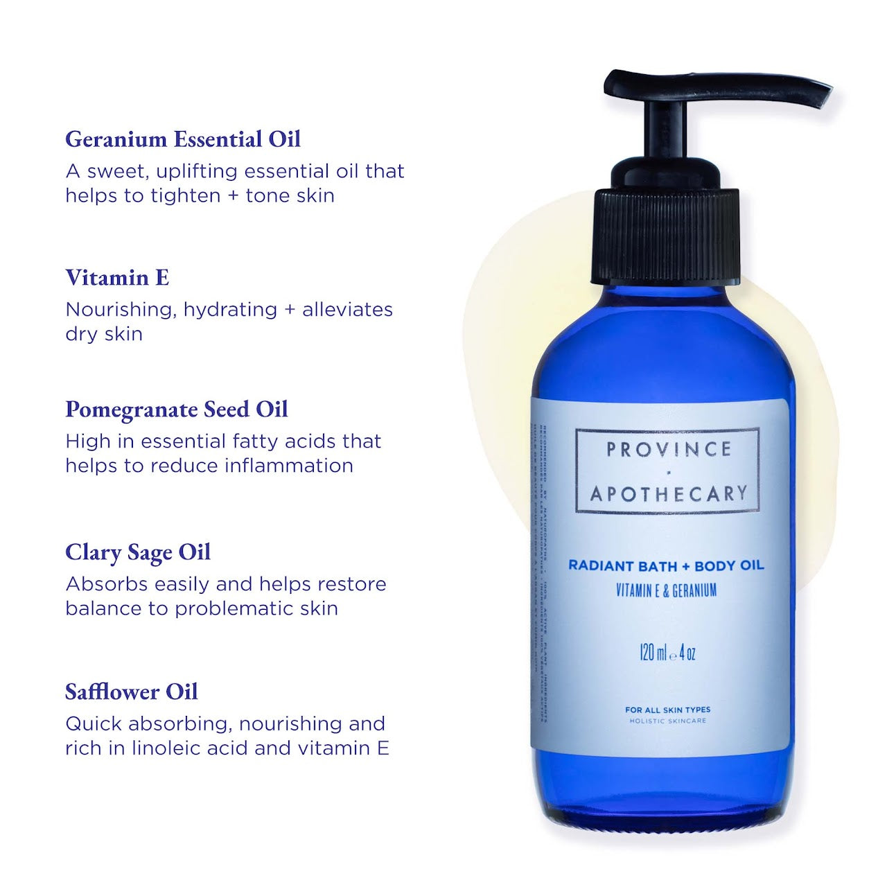 A bottle of bath and body oil from Province Apothecary showing its ingredients such as geranium essential oil, vitamin e, pomegranate seed oil, clary sage oil, safflower oil.