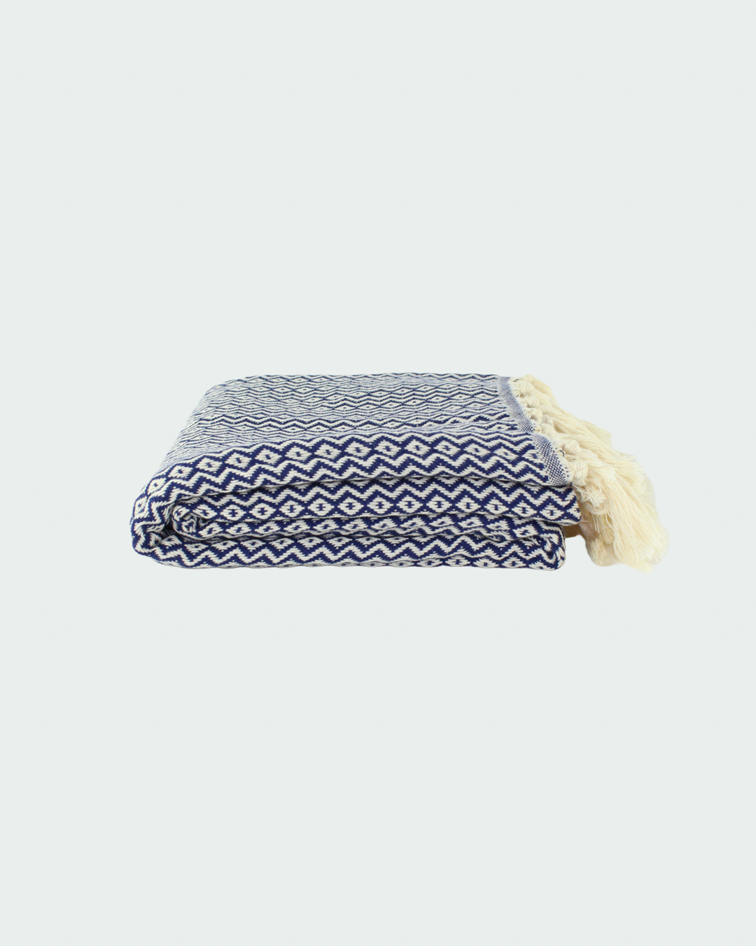 Turkish cotton peshtemal, thin beach towels in diamond design, in white and navy blue color.