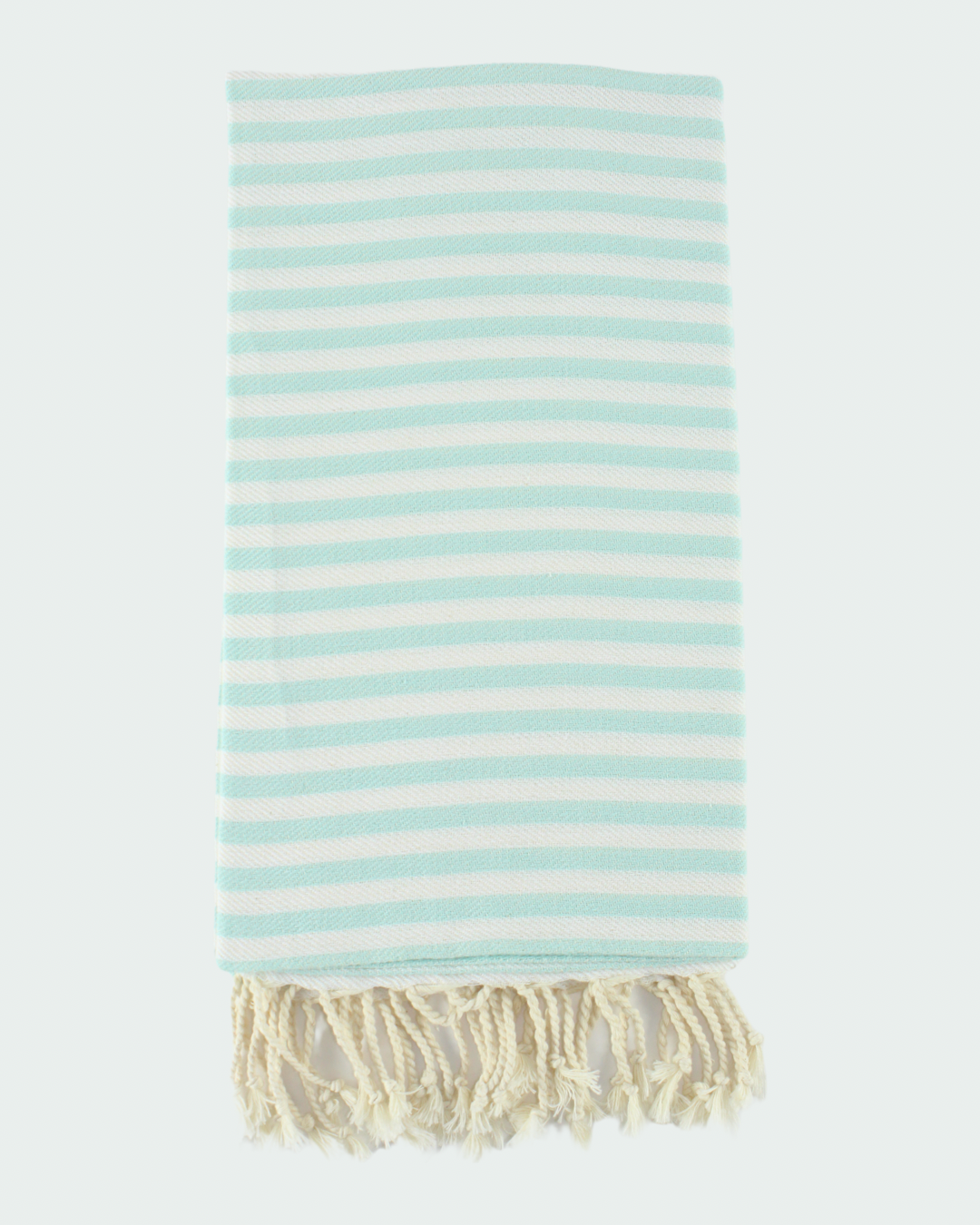 Turkish cotton peshtemal, thin beach towels in striped design in light turquoise color.