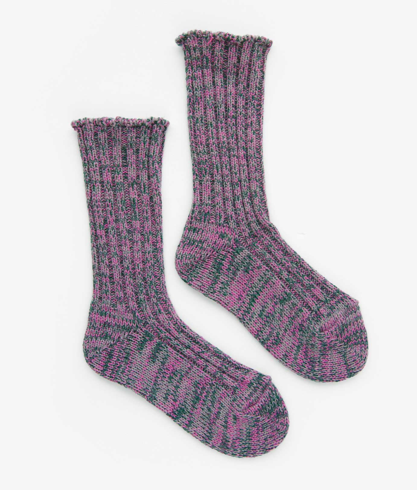 Winter rib knit socks in pink and green, made of wool and cotton, thick and long, by Okayok socks Canada.